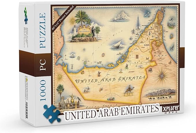 United Arab Emirates Map Cardboard Jigsaw Puzzle - 1000 Pieces, Hand-Illustrated - Educational, Family Activity, Ages 7+, Includes Poster - 25.4 x 19.8