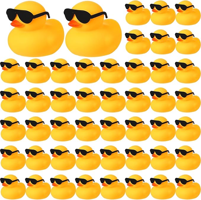 Chivao 48 Pcs Mini Rubber Ducks with Sunglasses in Bulk Small Duck Gift Bathtub Toys for Holiday Cruise Birthday Party Favor(Yellow, Black)