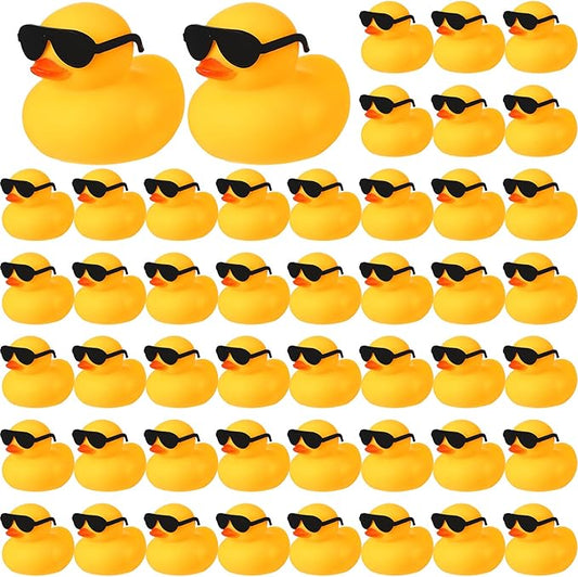 Chivao 48 Pcs Mini Rubber Ducks with Sunglasses in Bulk Small Duck Gift Bathtub Toys for Holiday Cruise Birthday Party Favor(Yellow, Black)