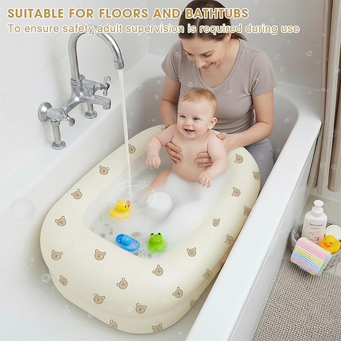 Inflatable Baby Bathtub with Built-in Air Pump, Back Support, Portable Travel Baby Bath Tub, Deflates and Folds Easily, Newborn to Toddler 3-20 Months (Cute Bear)