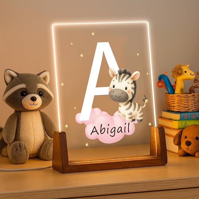 Custom Baby Gift Night Light for Baby Boys Girls Nursery Decor, Personalized Initial Name LED Night Light with Wooden Base, LED Color-Changing Lamp for Toddlers Kids 3