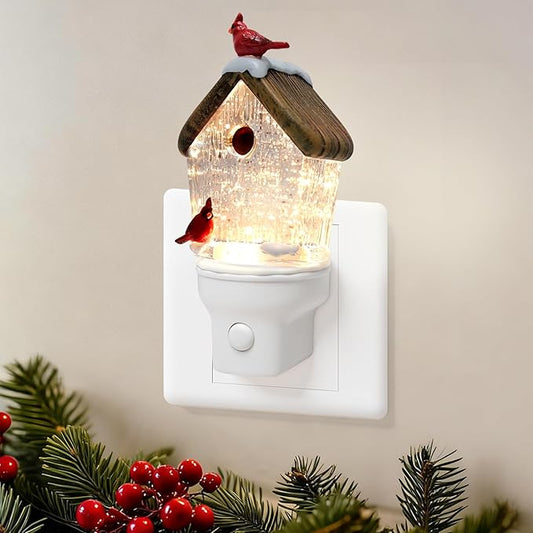 Christmas Birdhouse Night Light Plug into Wall Glitter Water Nightlight with USB/Outlet Options, Christmas Decorative Nightlight for Bedroom Kitchen Nursery Holiday Decorations Gifts (Birdhouse)