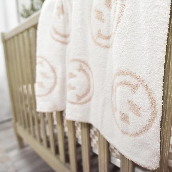 Smiley Face with Lightning Bolt Eyes Baby Blanket 28"x40" - DreamSoft Throw for Crib, Stroller or Car Seat -Receiving Blanket/Newborn Nursery Gift for Toddler, Infant, Kids, Boys & Girls (Tan/White)