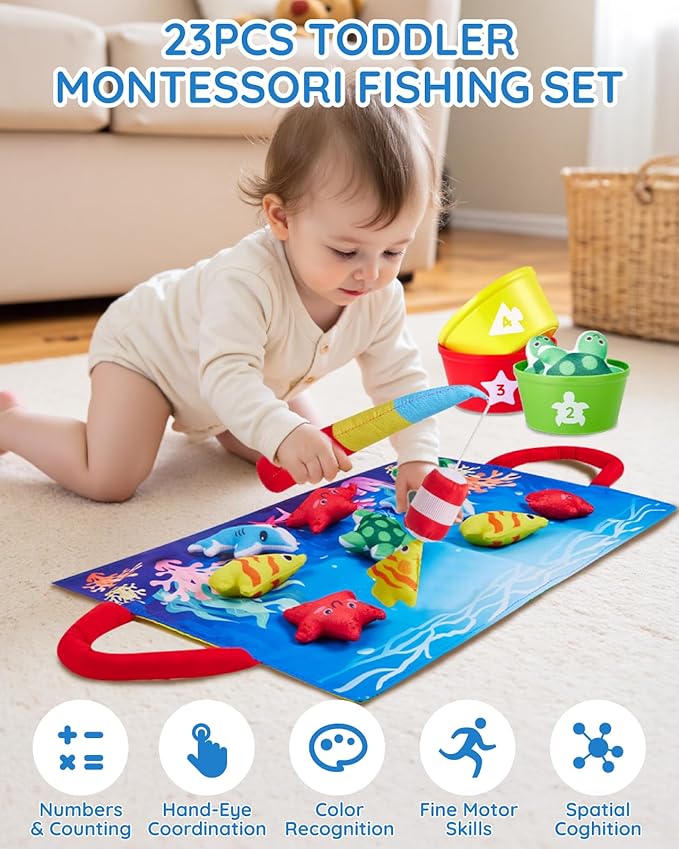 Montessori Toys for 1 Year Old: 10 In 1 Cloth Fishing Game Set with 5 Diverse Fish, 23pcs Stacking Toy Educational Learning Toy for 1 2 3 Years Old Toddler Toys Baby Boys Girls Birthday Gifts
