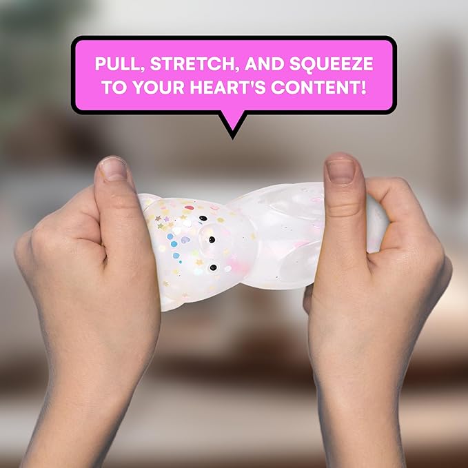 Neliblu Set of 4 Glitter Teddy Bear Squishies - Calming Sensory Toy for Stress Relief, Autism, ADHD - Cute Bear with Huggable Shapes - Gold Silver Pink Purple - Gift for Kids