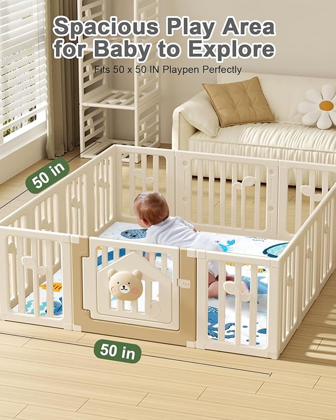 Premium Foam Baby Play Mat 50x50 – Removable & Machine Washable Cover, Extra Thick Padding Playpen Mat, Non-Slip Crawling Mat, Easy to Clean for Infants, Toddlers & Babies