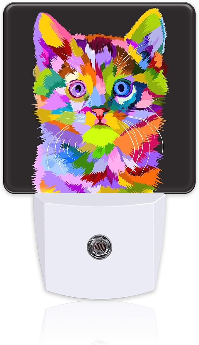 Cat on Pop Art Night Light Plug into Wall, Cute Colorful Cat Dusk to Dawn Night Light, 0.5w Energy Saving Sleep Friendly Nightlights for Kids Boys Girls Home Decor