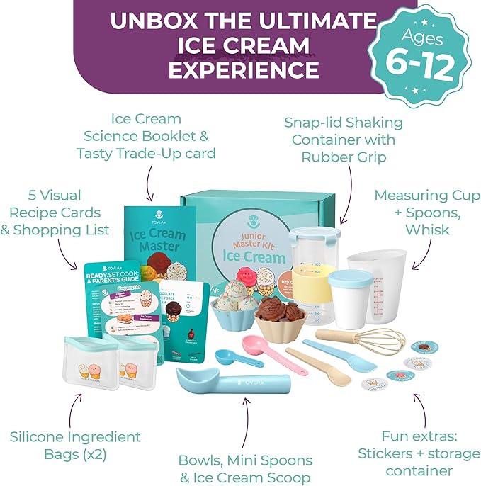 Tovla Jr. Kids Ice Cream Science Kit | Make Real Ice Cream with Reusable Tools | STEM Learning Activity & Gift Set Ages 5–12 | Includes Visual Recipes, Scoop, Bowls & Shaker
