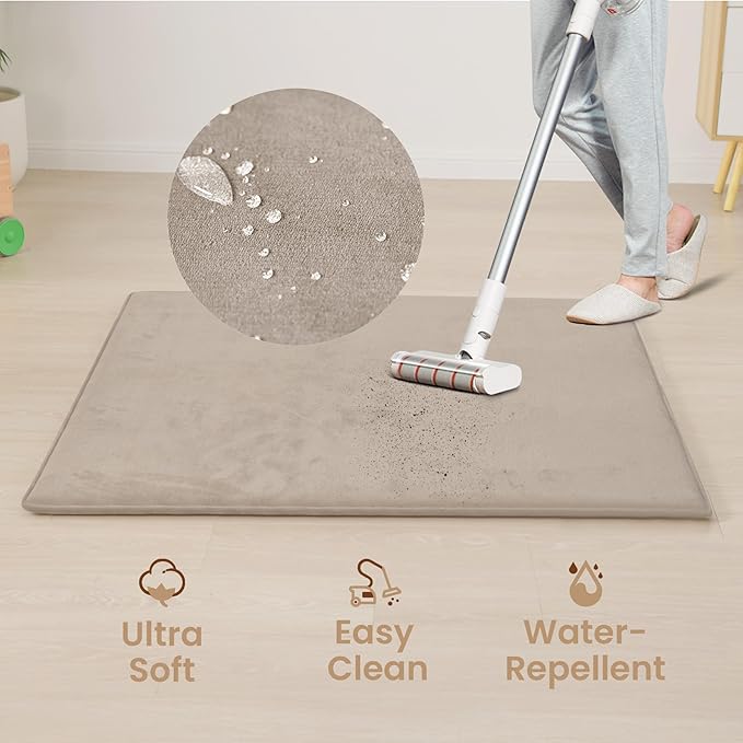 Baby Play Mat for Floor,Extra Large 79"×118" Tummy Time Mat,Thicker Memory Foam Mats for Toddler,Infant,Kids,Water Repellent Ultra Soft Coral Velvet,Non-Slip Backing Safe for Crawling(Beige)