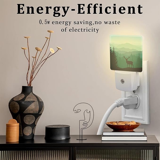 Misty Forest Deer and Mountain Night Light for Kids,Natural Landscape Wild Animal Night Light Plug in with Dusk to Dawn Sensor,0.5w Energy Saving Nightlight for Hallway Stairway Kitchen Bedroom
