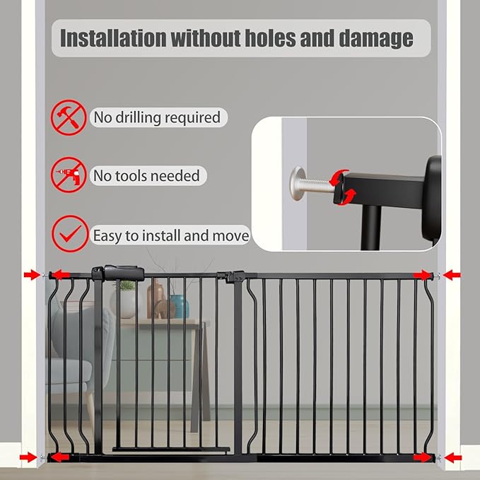 Heavy Duty Baby & Dog Safety Gate 86-104.7 Inch, Black Metal, Pressure Mounted No Drilling Pet Gate for Large Openings