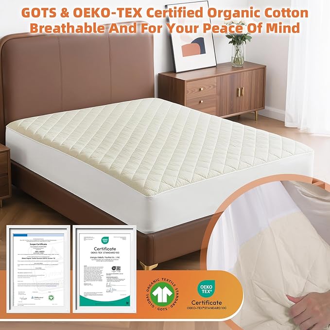 Lofe Organic Cotton Queen Mattres Protectors - Top&Side 100% Waterproof Mattress Protectors, Breathable Organic Mattress Protector, Noiseless Queen Mattress Protector Waterproof 80x60x17 in