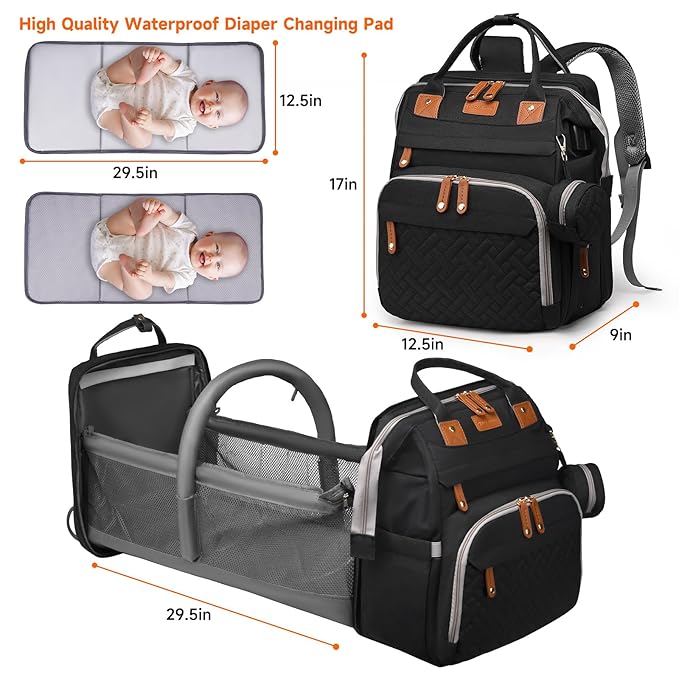 Baby Diaper Bag Backpack Diaper Bag Multifunctional Waterproof Diaper Bag with Changing Station Travel Diaper Backpack with Changing Pad, Pacifier Case & Stroller Straps(Black)