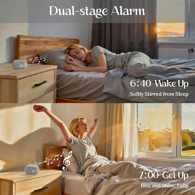 White Noise Sound Machine for Sleep, Dual-Stage Alarm&Snooze, Smart App Control, Custom Buttons, 500+ Non Looping Soothing Sounds, Dimmable Clock, Timer, Night Light, Lullaby, for Baby Adults Kids