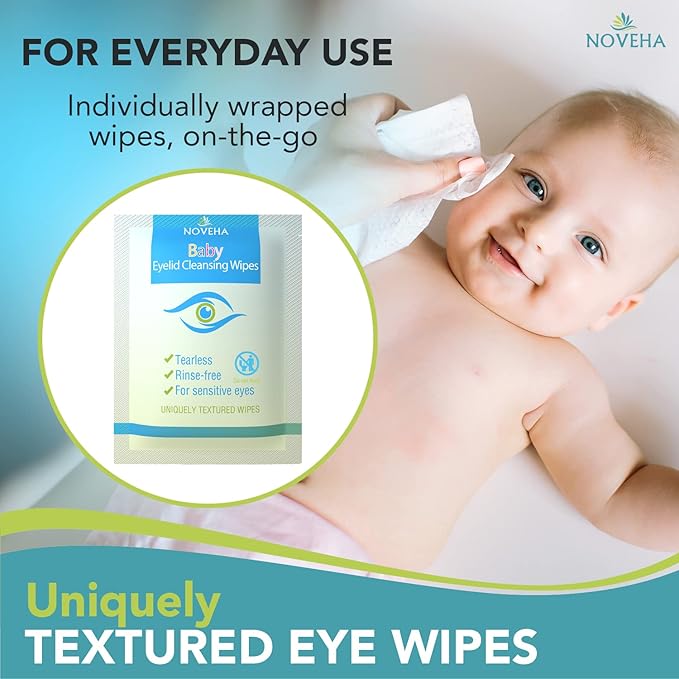 NOVEHA 60PCs Baby Eye Wipes | Safe & Natural Eyelid & Lash Wipes | Non Irritating, Tear Free, Hypoallergenic & Preservative free | Organic Baby Wipes for Sensitive Skin | Soothing and Moisturizing