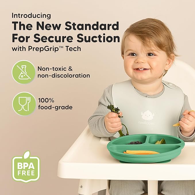 KeaBabies Suction Plates for Baby, Toddler - 3-Pack 100% Silicone Toddler Plates with Suction, Divided, BPA-Free Baby Led Weaning Essentials for Kids, Dishwasher, Microwave Safe, Durable (Forest)
