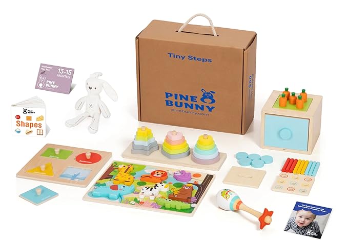 Pine Bunny Montessori Wooden 11-in-1 Toy Set for 13+ Months 3-in-1 Coins Carrots Matchsticks box Shape Sorter Bunny Doll Sand Hammer Animal Puzzle Educational Learning and Problem Solving Toddler Toys
