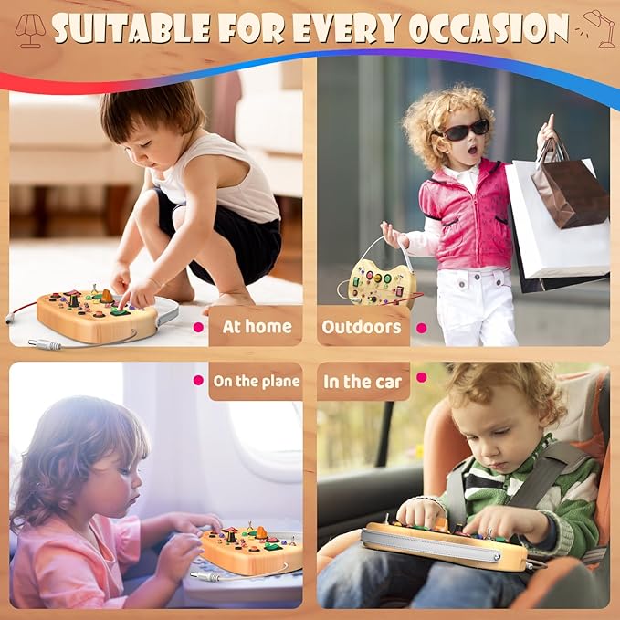 Montessori Wooden Busy Board for Toddlers with LED Light Lights & Switches,Portable Activity Board for Car & Airplane Travel Toys, Christmas & Birthday Gift for 1-3 Year Old Boys & Girls