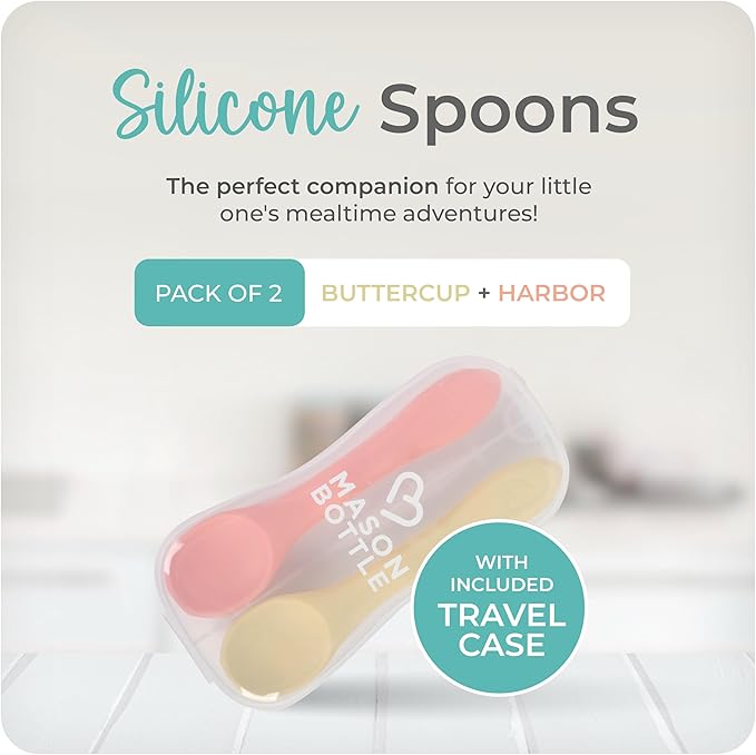 Mason Bottle Silicone Baby Spoons (2-Pack) – BPA-Free Feeding Utensils for Babies 6–12 Months – Puree Spoons with Case, Non-Toxic, Dishwasher Safe (Buttercup & Harbor)