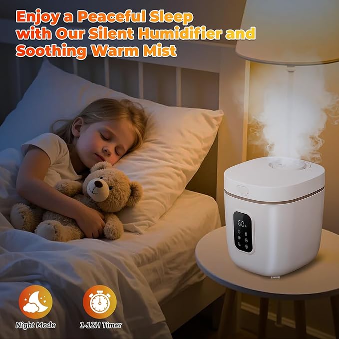 3.3L Warm Mist Humidifier for Bedroom Large Room, Stainless Steel Air Humidifier 0.87Gal Steam Humidifiers with Humidity Sensor Sleep Mode Auto Shut-off, Quiet & Safe for Baby Nursery Office Plants