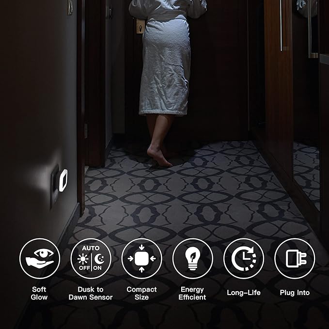 Plug-in LED Night Light with Dusk to Dawn Sensor for Hallway, Stairs, Bathroom, Kitchen, Bedroom, Nursery, Kids Room, Daylight White, Pack of 6