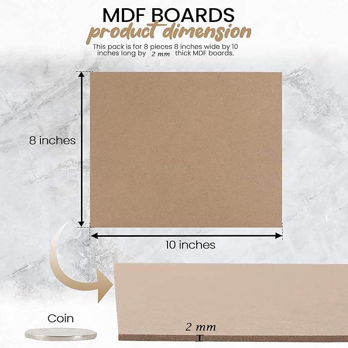 (8-Pack) CalPalmy 8” x 10” MDF Boards - 2mm Thick Boards for Carpentry, Interior Design, Hobby Crafts, and More - with Smooth, Unfinished Sides and Sanded Edges