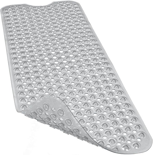 Linoows Bathtub and Shower Mats, 40x16 Inch Extra Large Non Slip Soft Bath Tub Mat with Suction Cups and Drain Holes for Bathroom Floor and Keep Tubs Clean, Machine Washable, Clear Gray