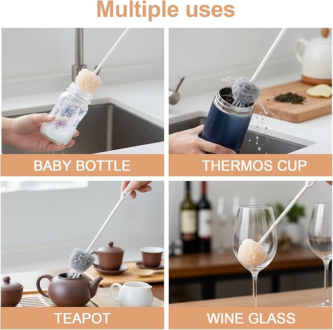 360° Flexible PP Bottle Brush – 13.3" Long Handle Narrow Bottle Cleaning Brush for Baby Bottles, Water Bottles, Sports Bottles & Travel Mugs, Includes 2 Hooks, 2 Pack, Gray & White