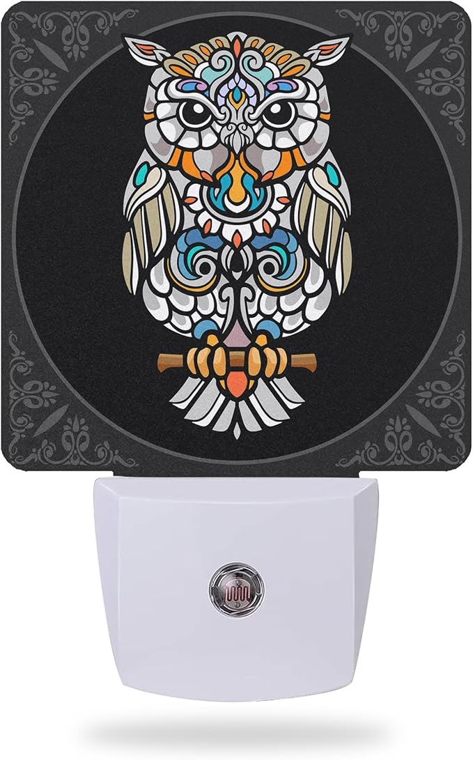 Colorful Owl Bird Night Light Plug into Wall, Mandala Night Light with Dusk to Dawn Sensor for Kids, Room Decor, Hallway, Kitchen, Bathroom, Nursery, Stairs