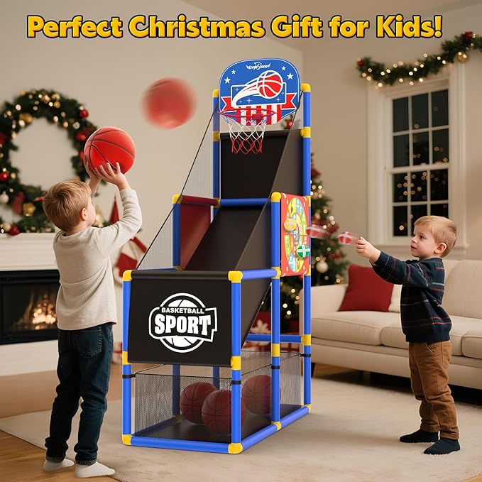 EagleStone 2-in-1 Kids Arcade Basketball Hoop with Dart Board,4 Balls Adjustable Height Basketball Toy Indoor Outdoor Carnival Games Gift for Boys Girls Toddlers Ages 3-12 Years Old,Pump Included