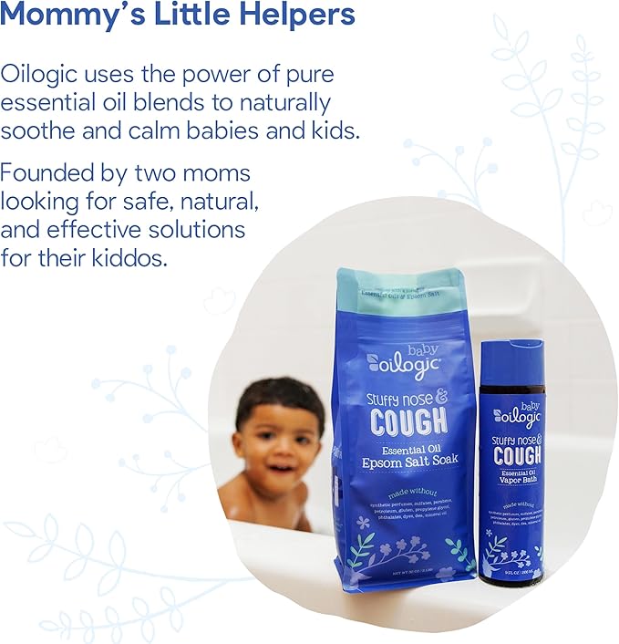 Oilogic Baby Stuffy Nose & Cough Power Bundle with Vapor Bath Relief & Epsom Salt Soak - Baby Bath Essentials - Made with Blended Essential Oils