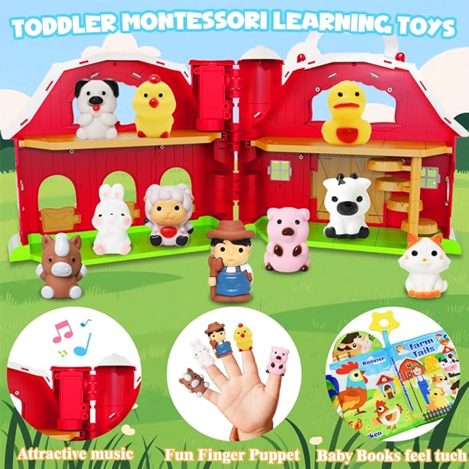 Musical Red Barn Farm Animal Toys with Tails Baby Book, Educational Preschool Farm Animals Finger Puppet for Toddlers 1-3, Montessori Learning Toys Christmas Birthday Gift for Boys Girls 12-18 Months