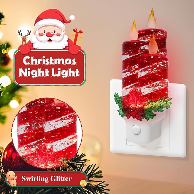 Christmas Candle Night Light Plug into Wall Glitter Water Nightlight with USB/Outlet Options, Christmas Decorative Nightlight for Bedroom Kitchen Nursery Hallway Holiday Decorations Gifts (Red Candle)