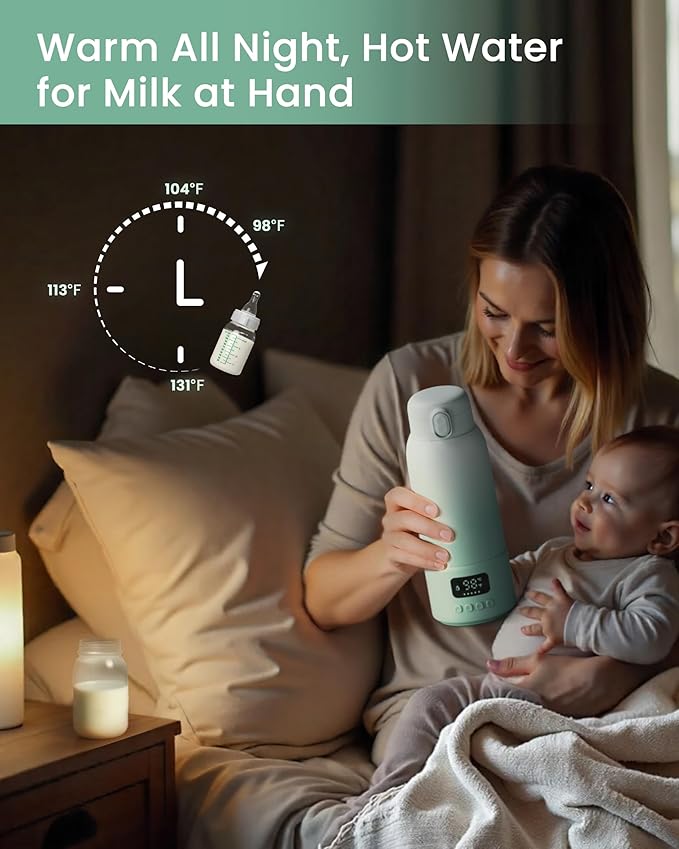 Portable Bottle Warmer Extended Battery Life - Dual Heating Modes for Breast Milk & Water, 17 Ounces, Fast Heating, Ideal for Travel, Outdoor, Baby Shower, Green