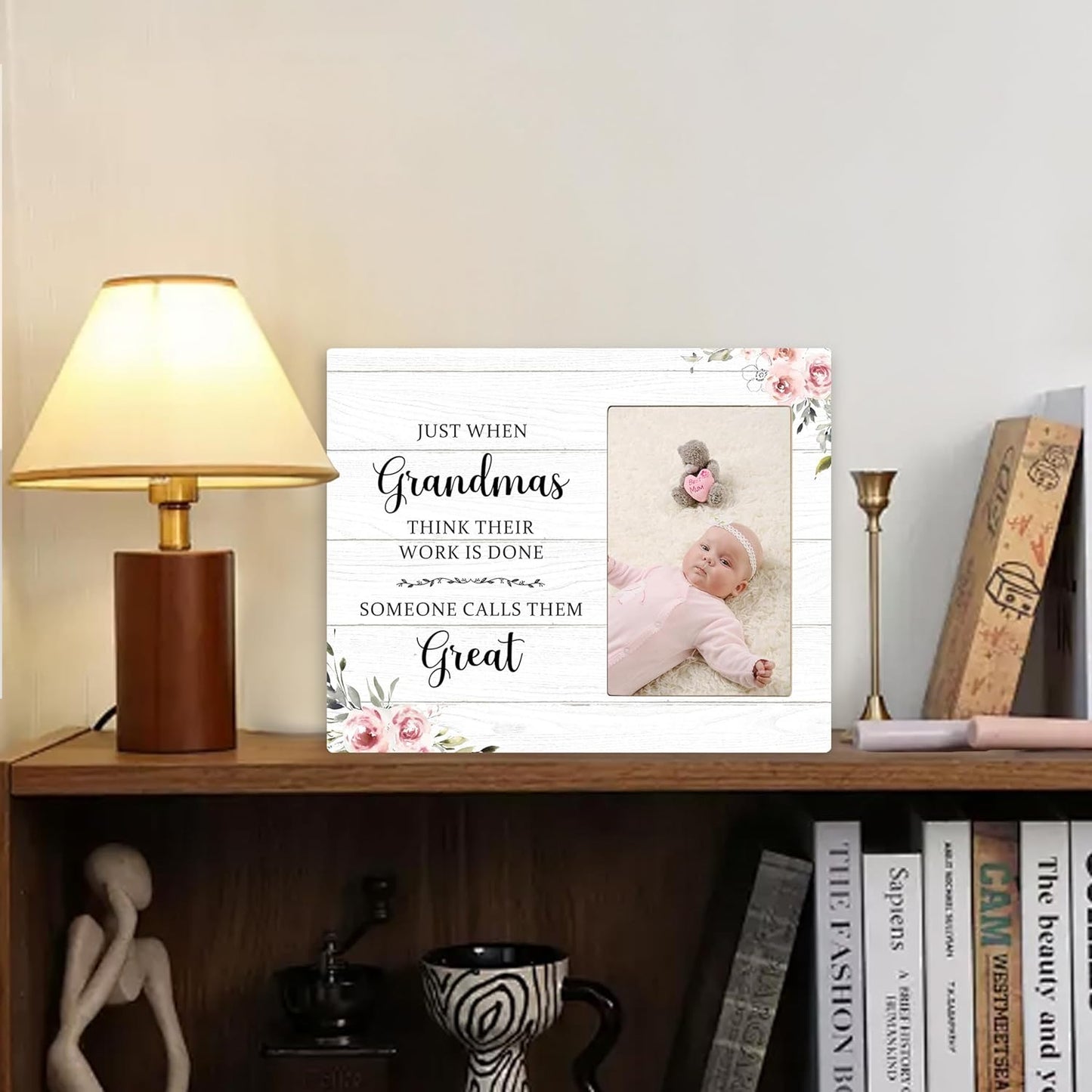 Great Grandma Picture Frame - Great Grandma Baby Announcement Gifts, Just When Grandmas Think Their Work Is Done Someone Calls Them Great Wooden Frame for Tabletop or Wall Hanging 4x6 Photo