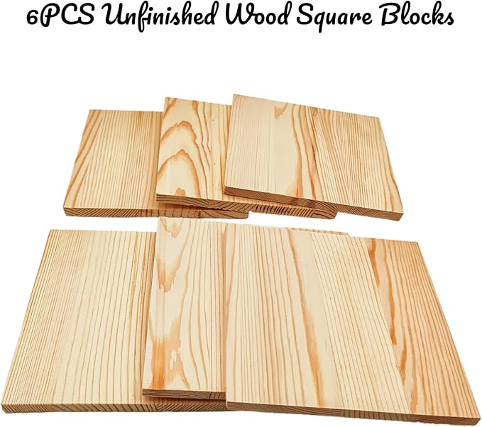 6PCS Unfinished Wood Square Blocks for Crafts, 6x6x0.3in Blank Wooden Squares Pine Wood Boards for Carving,DIY Wood Coasters,Painting & Burning