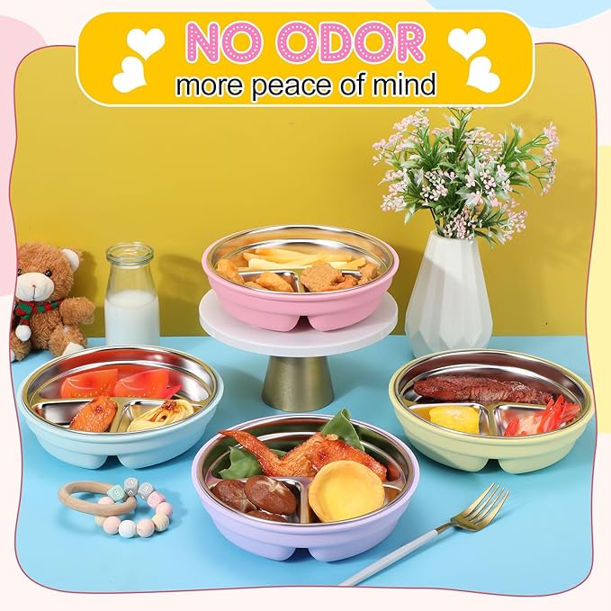 Nuogo 4 Pcs Stainless Steel Baby Suction Plates with Removable Silicone Shell 2-in-1 Metal Toddler Bowl Divided for Picky Eaters Kid Feeding Led Weaning Supply, Dishwasher Safe (Macaron Series)