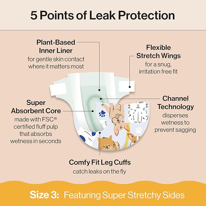 The Honest Company Clean Conscious Diapers for Sensitive Skin, Up to 100% Leakproof Hypoallergenic Fragrance-Free Baby Diapers, Gender Neutral Prints, Super Club Box, Size 3 (16–28 lbs), 120 Count