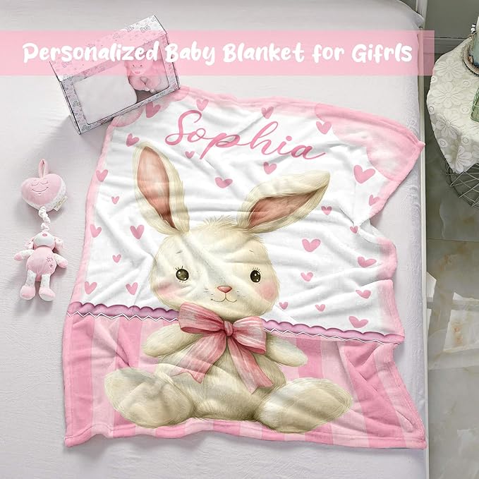 Personalized Baby Blanket for Girls, Custom Baby Blanket with Name, Soft Cozy Personalized Name Blankets for Kids, Customized Rabbit Blanket for Infant Toddler Birthday Christmas