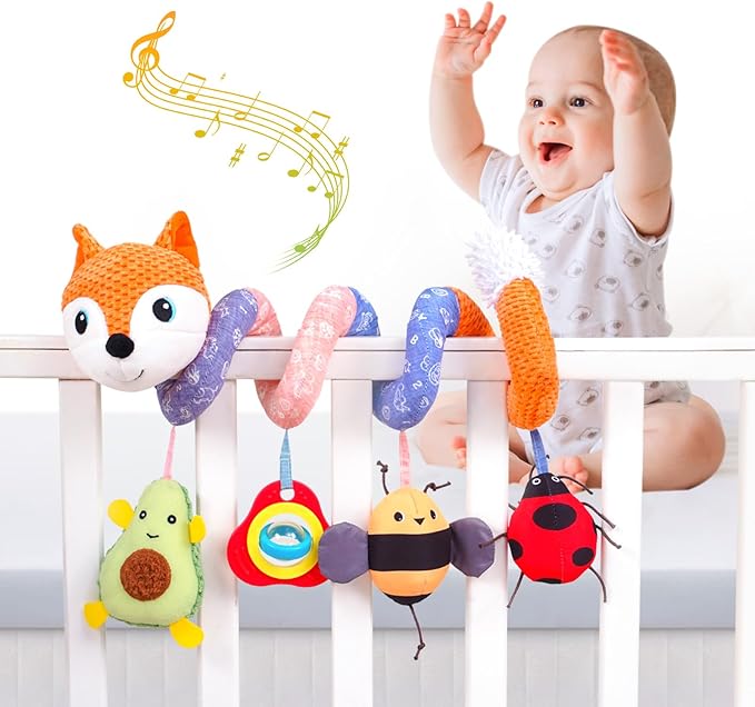 Jollybaby Crib Stroller Car Seat Toys for Baby 0-3-6-9-12 Months, Tummy Time Hanging Sensory Toys for Newborn with Music Box and Teether, Spiral Carseat Toy for Infant Boys Girls Gift (03-Orange Fox)