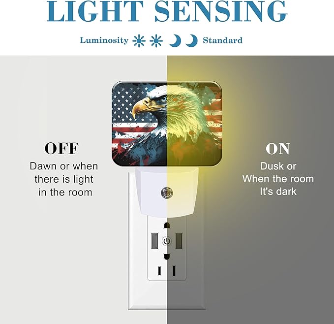 American Flag and Bald Eagle Night Light for Kids, USA Flag LED Night Light Plug into Wall with Dusk to Dawn Sensor for Girls Boys Women Men Bedroom, Hallway, Kitchen, Bathroom, Stairs Decor
