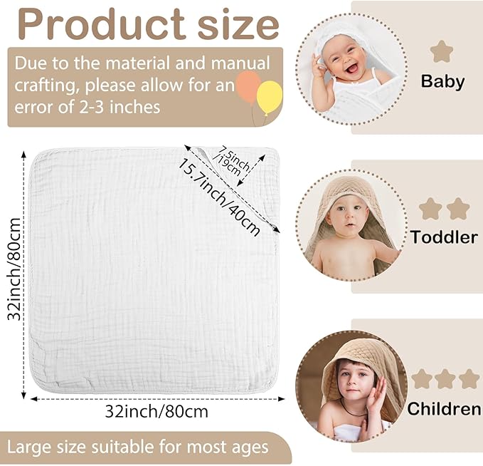 VitalCozy 6 Pcs Baby Muslin Hooded Bath Towels and Washcloths, 32 x 32 Inch Cotton Absorbent Blankets for Newborn Infant Shower Gift (White, Beige)