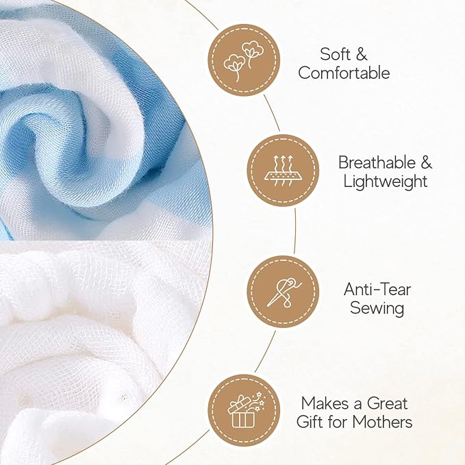 Muslin Hooded Baby Towel 4 Pack, Preuim Muslin 6 Layers Natural Cotton Baby Bath Towels, Soft and Comfortable for Boys,Girls (32 x 32, Blue Striped and White)