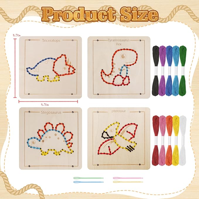 Montessori Wooden Lacing Dinosaur Toys for Toddlers and Kids Ages 2-4 5-7, Sewing Kit Fine Motor Skill Busy Board, Education Sensory Preschool Toy for 1 2 3 4 Year Olds, Birthday Gift for Boys Girls