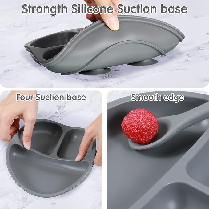 Chengu 12 Pcs Silicone Bowl with Suction Set for Baby Toddler with Suction Plate, Spoon and Fork, Divided Design Baby Feeding Utensils Weaning Kit, Dishwasher and Microwave Safe