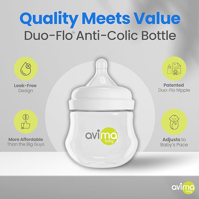 Avima Baby 4 oz Anti Colic Baby Bottles for Breastfed Babies - Slow Flow Nipples, Wide Neck Bottle, BPA Free - Newborn 0-3 Months, Stage 1 (Set of 3)