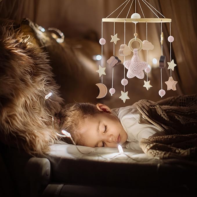 let's make Baby Crib Mobile for Boys Girls| Boho Nursery Mobile| Gender Neutral Hand-Crocheted Mobile| Ceiling Mobile - Stars, Clouds, Moon (Pink)