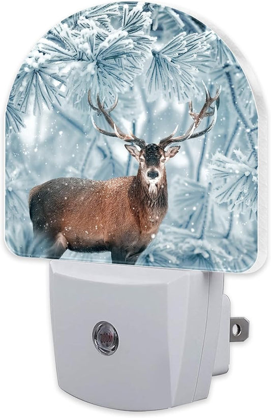 Red Deer in Winter Forest Night Light Plug into Wall, Beautiful Christmas Scenery Dusk to Dawn Night Light Plug in,0.5w Energy Saving Sleep Friendly NightLight for Kids Boys Girls Home Decor