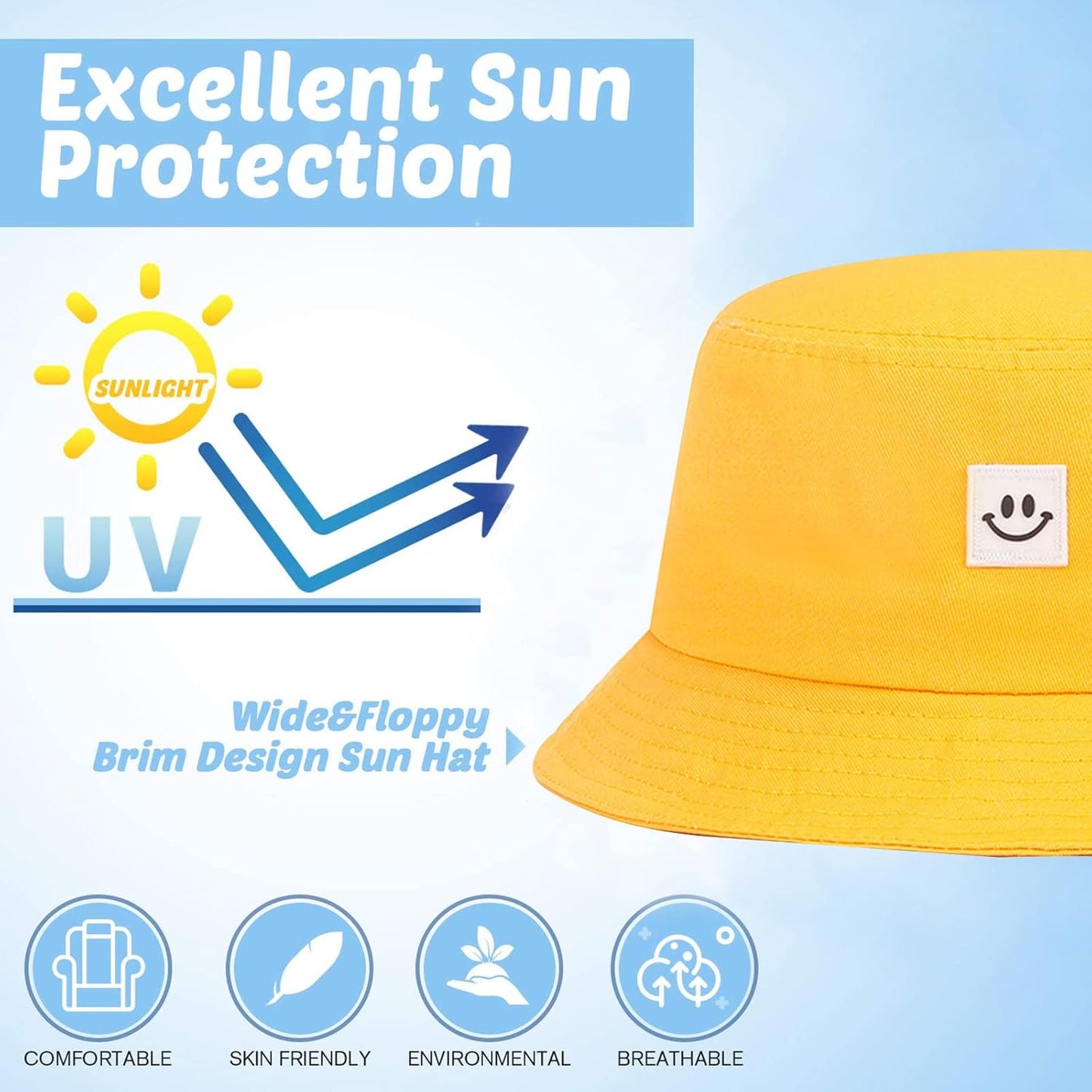 Kids Sun Hat Smile Face Bucket Hat for Girls Boys Summer Sun Protection Cotton Unisex Beach Cap