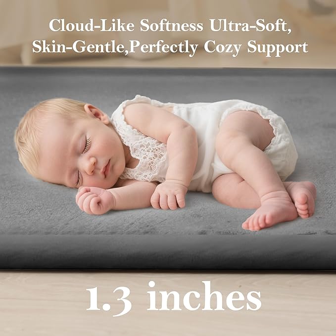 Baby Play Mat for Floor, 1.3"Thick Extra Large Cushioning Memory Foam Playpen Mat, Soft Coral Velvet Baby Crawling Mat with Non-Slip Backing for Toddlers,Infants,Kids,Yoga Mat (Dark Gray 79"×118")
